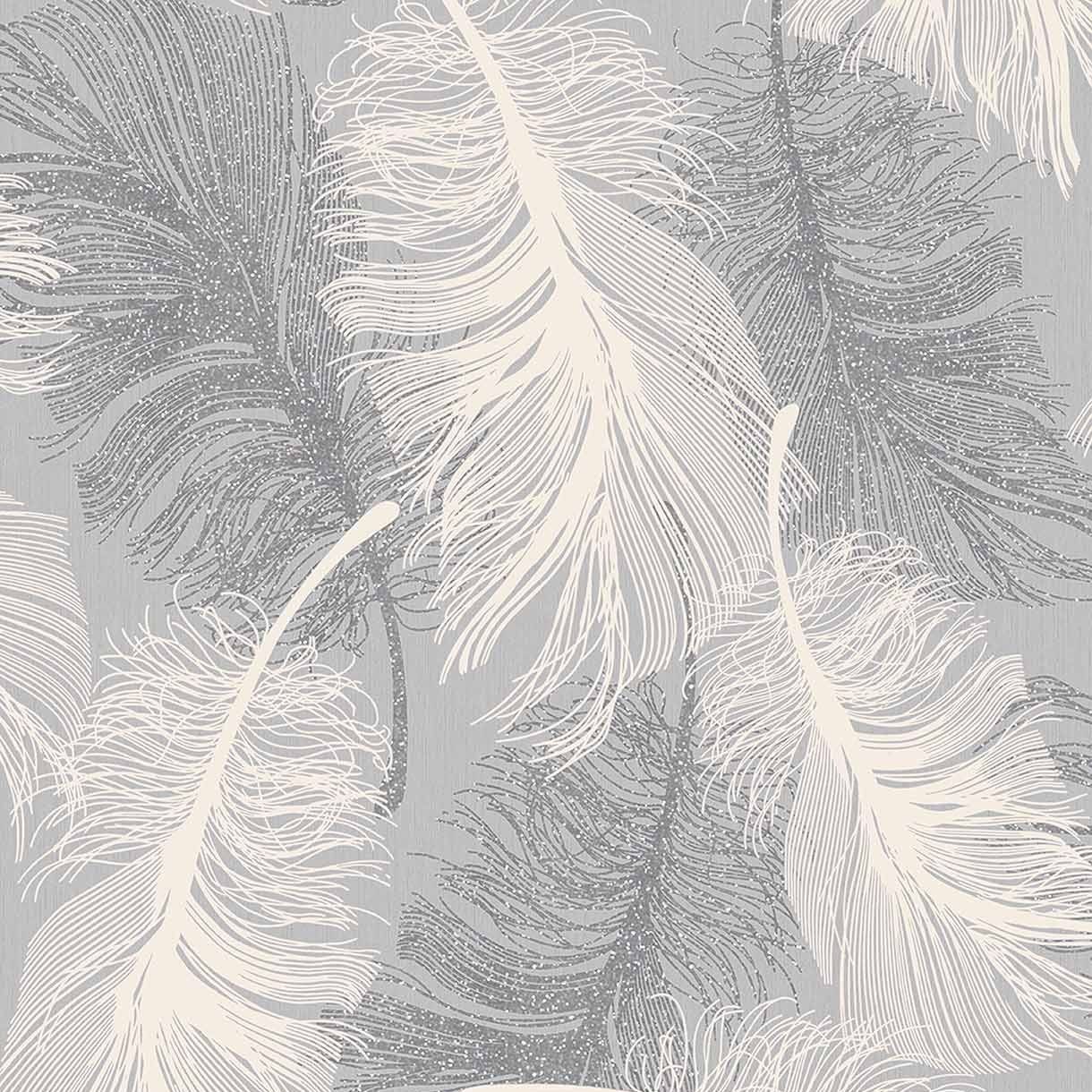 Glitter Effect Feather Wallpaper Embossed White Silver Dappled Grey Luxury