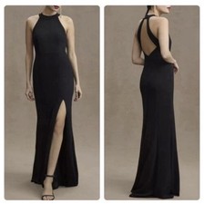 New Anthropology BHLDN Lennox Halter Open Back Side Slit Crepe Gown in Black 10
