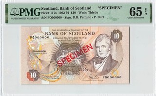 SCOTLAND 10 Pounds 1993 P 117s SPECIMEN Bank of Scotland PMG 65 EPQ Gem UNC.