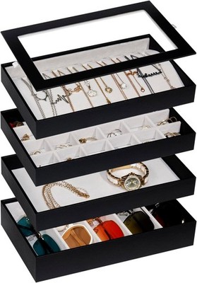 4-Layer Stackable Jewelry Organizer Trays with Tempered Glass Lid, Black PU.....