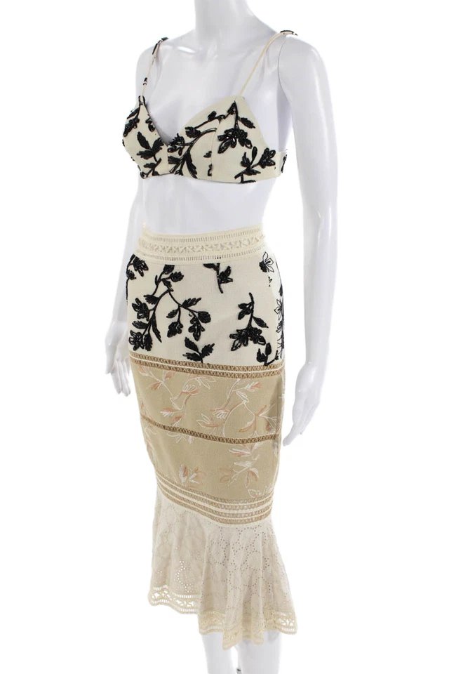 PatBO Womens Linen Beaded Tank Top Skirt Set Beige Black Size 6/2 - Image 3 of 4