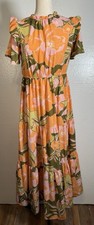 Ces Femme Floral Print Tiered Ruffle Sun Dress Orange Green Size Small