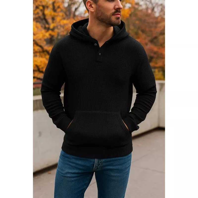 BLUE ICE MEN'S LOOSE FIT WAFFLE KNIT THERMAL HENLEY HOODIE - SIZE: 2XL - BLACK
