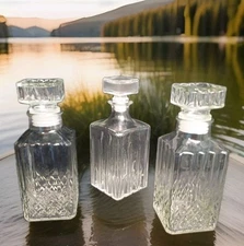 2  Square Heavy Crystal Glass 1 Glass Decanter 9"x3.5" Stoppers Great Condition