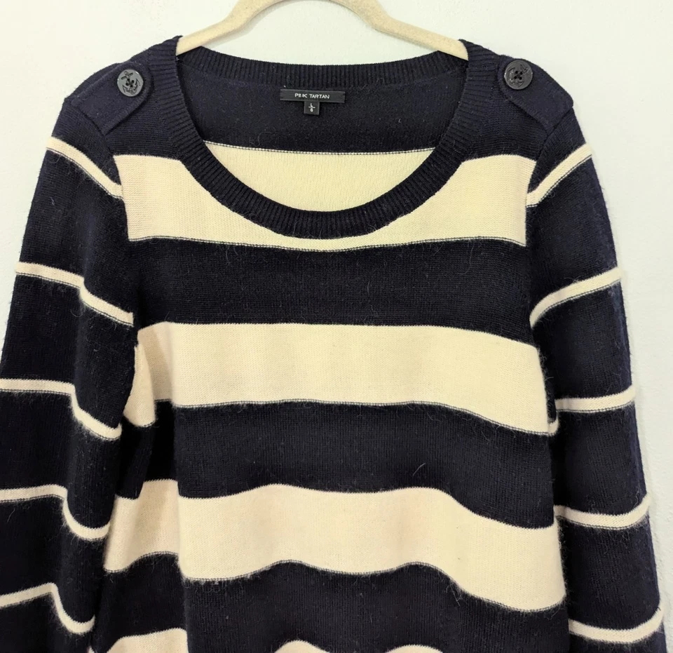 粉红色格纹圆领纽扣条纹毛衣羊毛安哥拉米色蓝色 L 码 — 第 2/4 张图片