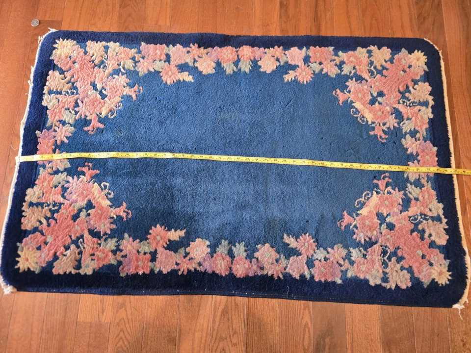 Alfombra china antigua Art Deco azul marino floral 2x4 Foto 4 de 4