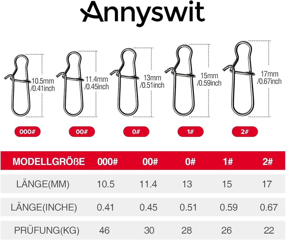 Fishing Snap Set 5 Größen Wirbel Angelhaken Forelle Hecht Barsch Duo-Schloss 100 - Bild 2 von 4