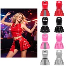 Women 2 Pieces Set Patent Leather Rave Outfits Party Crop Top with Mini Skirt