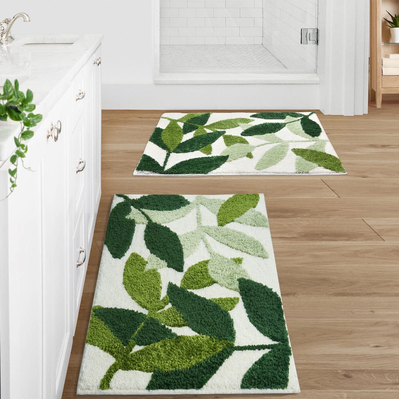 Green Non-Slip Plush Bathroom Rug Set - 2-Piece Super Absorbent Microfiber Mat