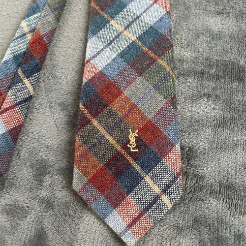 Yves Saint Laurent YSL Tie Wool Blend Plaid Heather Mist Italy Blue Red Mens - Picture 2 of 9