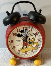 Disney Mickey Mouse w/ Pluto Alarm Clock 6 3/4" Black Bells Yellow Feet Vintage