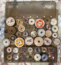 Lot of 41 Wooden Sewing Thread Spools with  Tidee Maid Thread Box