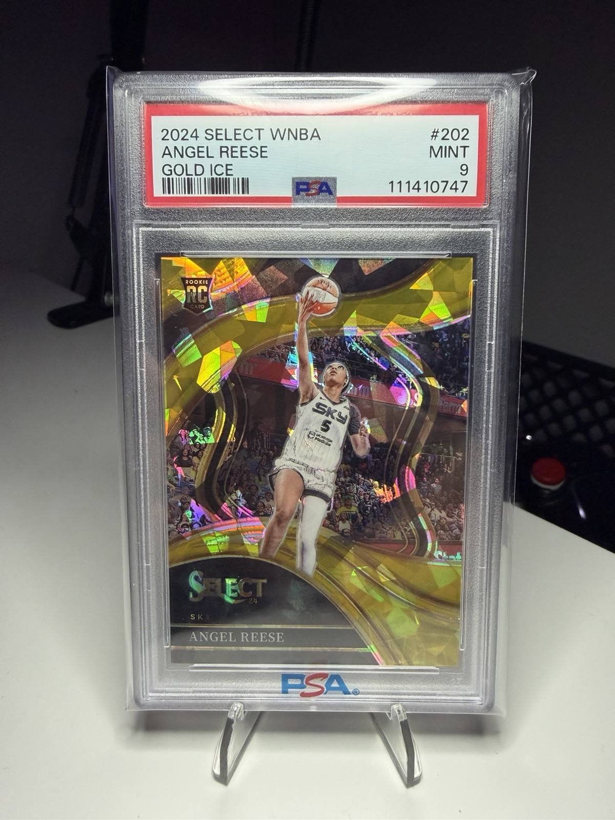 2024 panini select angel reese rookie RC courtside 202 gold ice /10 PSA 9