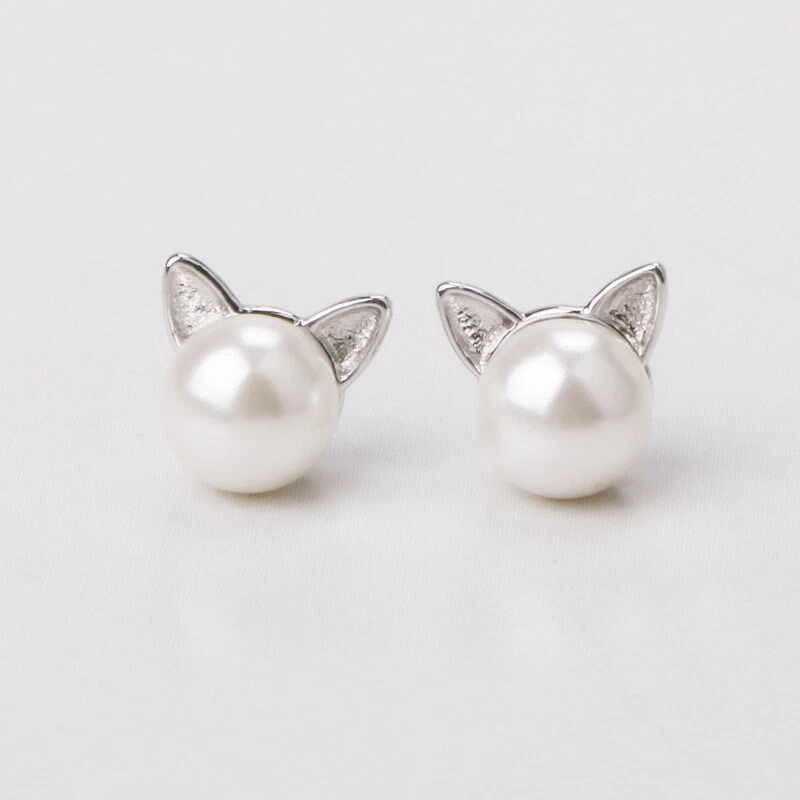 Damen Ohrringe Katze Silber 925 Perle Weiß 8 mm - Bild 3 von 4