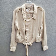 Jennifer Lopez Women Jacket Xs Cream Satin Moto Front Tie Zip Pockets Nwt