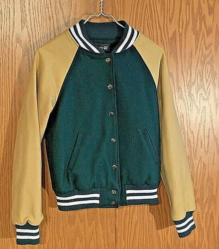 Youth FOREVER 21 Sports Style Jacket Unisex Size Medium Green Gold Wool Blend - Picture 3 of 11