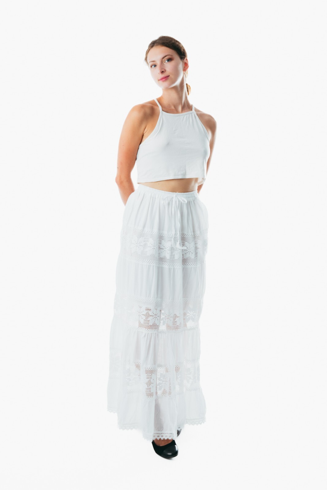 Summer Elastic Waist white Skirt Cotton Skirt Casual Loose Skirts A-line Pleated