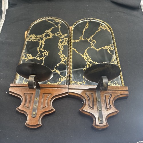 Vintage Homco Mcm Gothic Spanish Smoked Mirrored Candle Wall Sconce Wood Metal - Picture 2 of 12