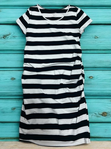 Isabel Maternity Black & White Striped Midi Dress XL Ruched Stretchy Casual - Picture 6 of 12