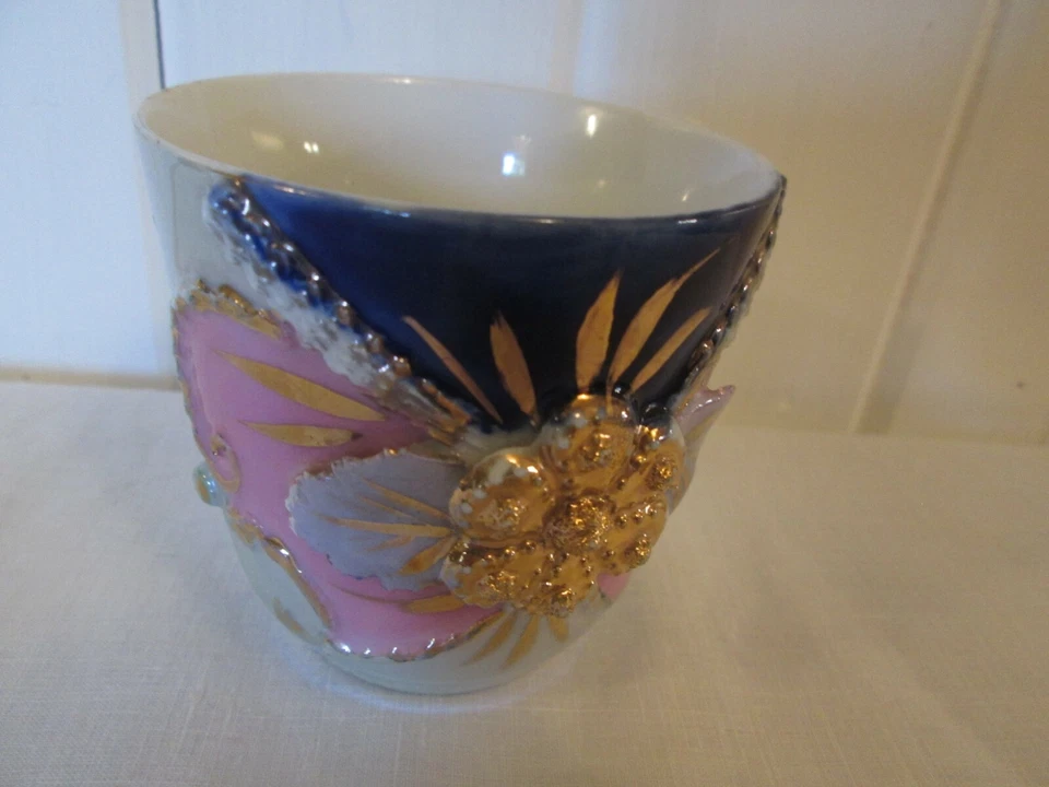 European Mug Cup Green Pink Luster Raised Gold Floral Presentation Navy Blue  - Image 2 of 4