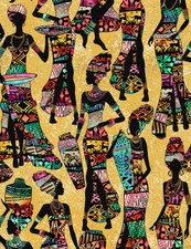 Fabric African Women Kente Dresses Sand Cotton 1/4 yard TIMELESS TREASURES 7420