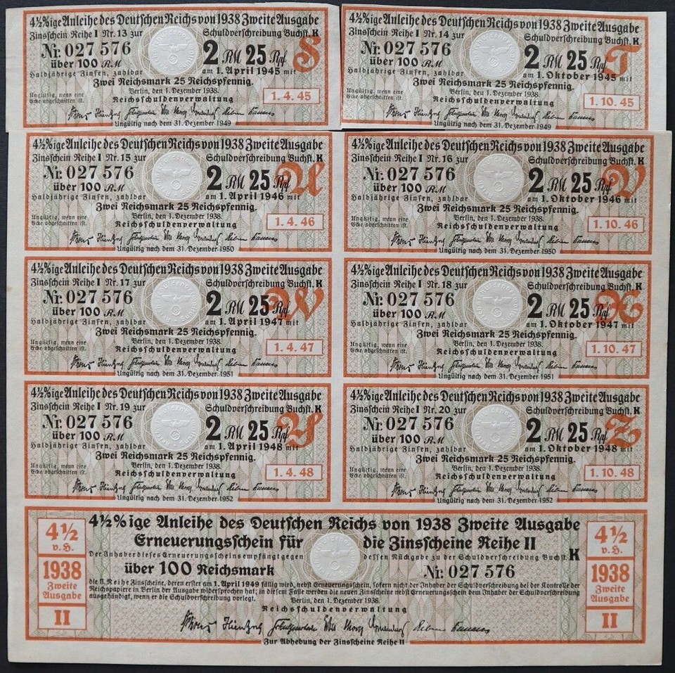 100 Reichsmark 1938 Series K 027576 Loan Bond with eagleswastika