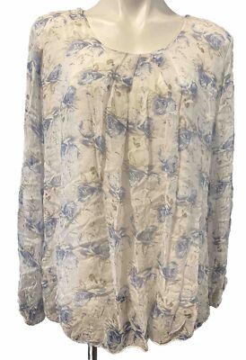 Elena Baldi Women's White Sheer Silk Overlay Blue Floral Blouse Size 1X