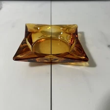 Vintage Yellow Amber Glass Cigar Ashtray Square Mid Century Modern Cigarette 3.5