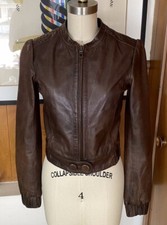 Anthropologie June Dark Brown Leather Jacket Sz Xs 0 Zip Embroidered Puff Sleeve