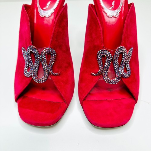 Rene Caovilla Venezia 37/ US 7 Sandals Red Suede Leather Crystal Snake Mules - Picture 7 of 12
