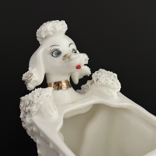Vintage Spaghetti Poodle Dog Figurine Planter Vase White w/ Gold Accents Small - Picture 6 of 10