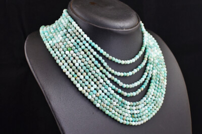 529 Cts Natural 10 Line Amazonite Round Shape Faceted Beads Necklace JK 05KS591