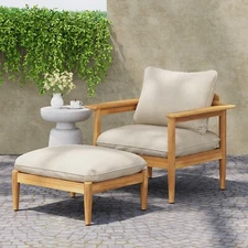 Modern Acacia Wood Lounge Chair with Ottoman Set Teak Beige Cushioned Armchair