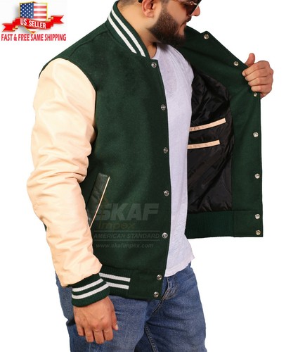 Giacca Varsity Letterman School College verde scuro maniche in pelle lana e crema - Foto 4 di 8