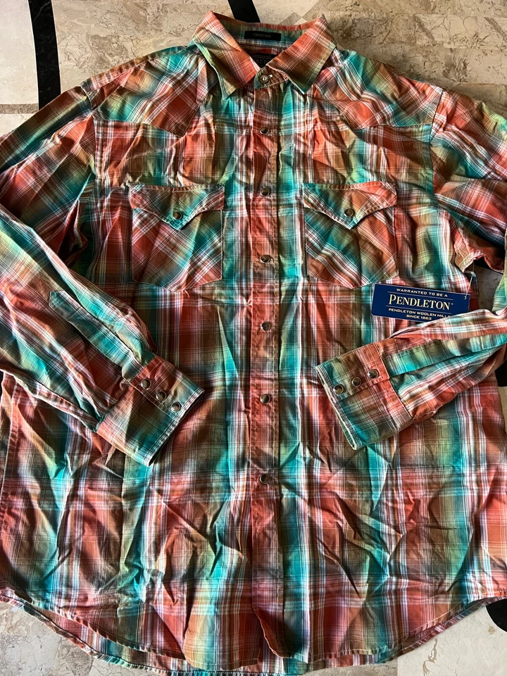 Nueva Camisa Pendleton Roja Verde 100% Algodón Frontera Estilo Occidental Talla L Foto 4 de 4