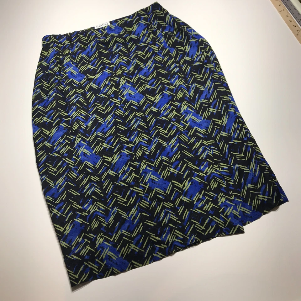 Gianni Skirt Womens 16 Black Blue Gold Patterned Long Mock Wrap Linen Rayon USA - Imagem 2 de 4