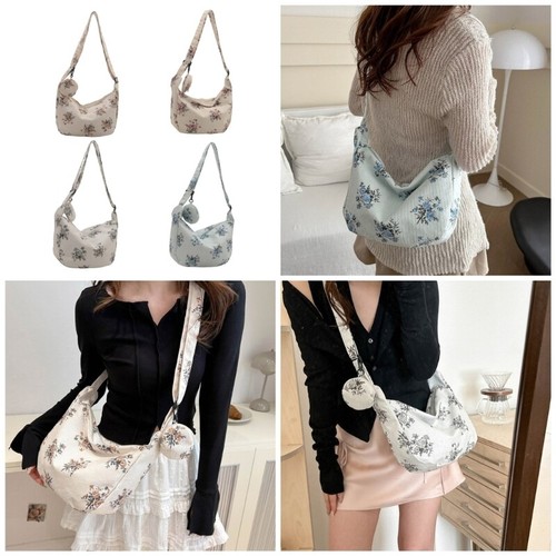 Ladies Trendy Crescent Canvas Shoulder Bag with Florals Designs Adjustable Strap - Picture 2 of 12