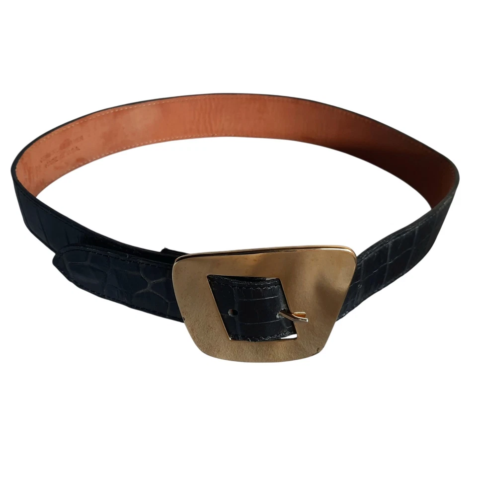 Vtg Blk Croc Embossed Leather Belt Gold Asymmetric Center Bar Buckle Sz M USA... - Image 4 of 4