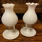 VTG Mcm Milk Glass Hobnail Lamps Pair White Ruffled Brass MCM Bedside 11.25" T