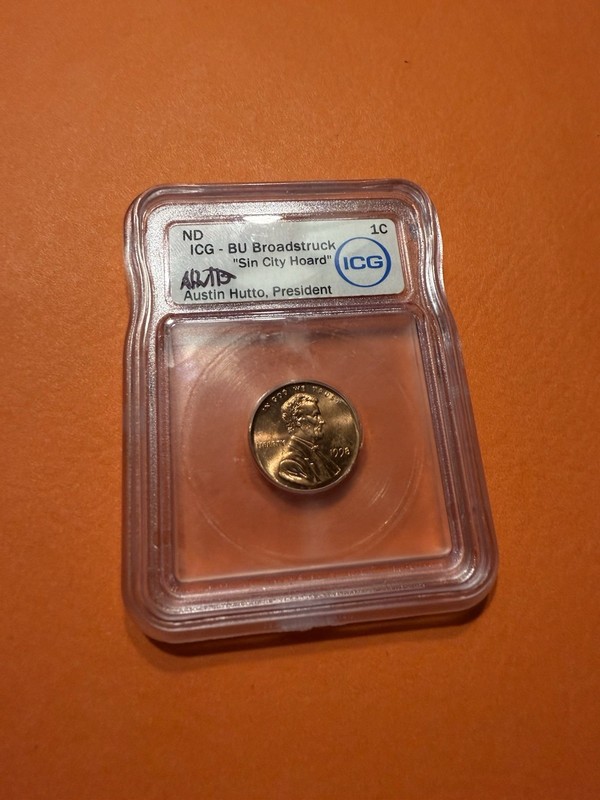 1998 Lincoln Cent "Sin City Hoard" - Broadstruck Error - ICG Graded BU - Signed