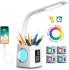 LED Desk Lamp with Clock,Color Changing Nightlight,Study Lamp with Pen Holder,De