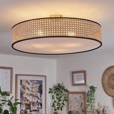 Boho-Stil Deckenlampe für Wohnzimmer, runde Metall/Rattan Leuchte in Nickel-matt