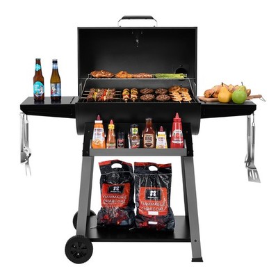 Royal Gourmet Outdoor Barrel Charcoal Grill with Side Shelves & Hanging Basket
