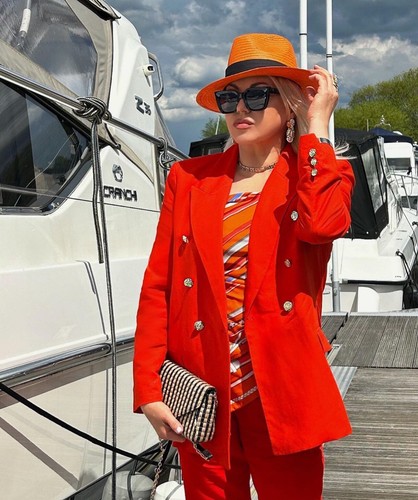 H&M Orange Blazer And Trousers Linen Blend Suit Gold Buttons Balmain Style UK14 - Picture 3 of 10