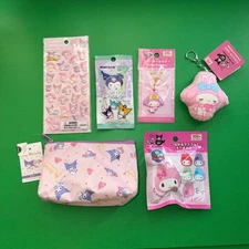Kuromi My Melody Sanrio Daiso 6 Item Bundle Set Pink Bag Plush Keychains Blind