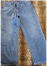Express Embellished Rhinestone High Rise Straight Blue Denim Jeans SZ 14 Women