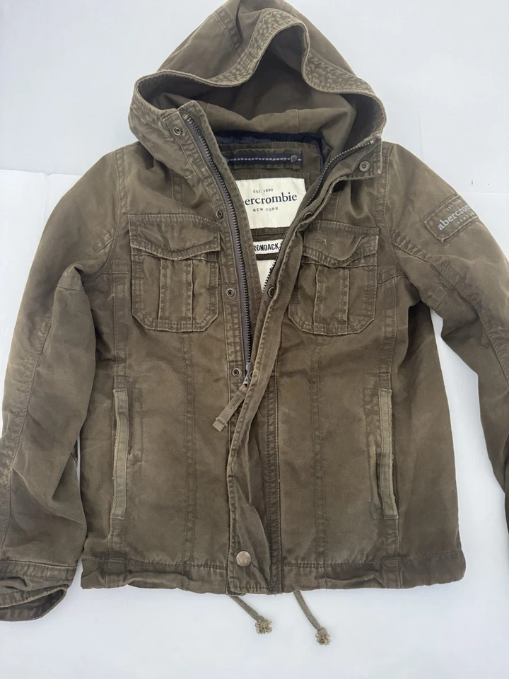 Abercrombie Adirondack Jacket Boys L Hood Green Distressed Fall Spring Coat Girl - Image 2 of 4