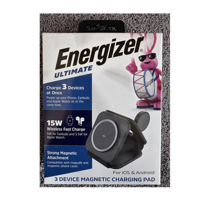 Energizer WCP308 3-in-1 Magnetic Qi Wireless Charging Pad 15W Fast Charge Black