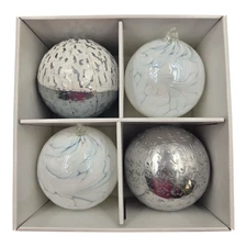 Zorza Mouth Blown Glass Ornaments Poland  Lot of 4 4" White & Silver inBox