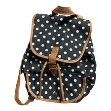 Brooklyn Bound Black & White Polka Dot Backpack Brown Faux Leather Trim Preloved